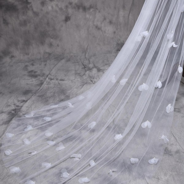 Tyll Bröllopsklänning Slöjor Fluffiga Vita Blommor Kronblad Multi Layer Super Long Brid