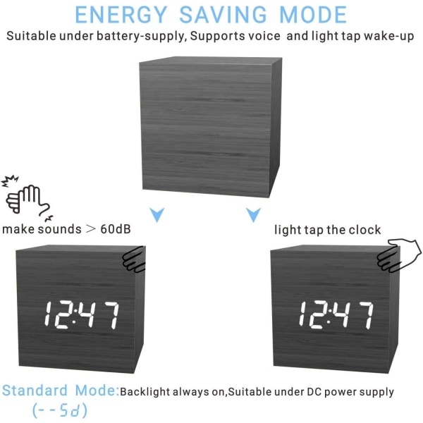 Digital trä LED-ljus Modern kub skrivbordsväckarklocka som visar tid Datum Temperatur, svart
