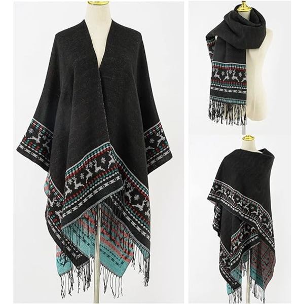 1st Svart Fleece Poncho Dam Sjal Cape Retro Öppen Kvinna Vinter