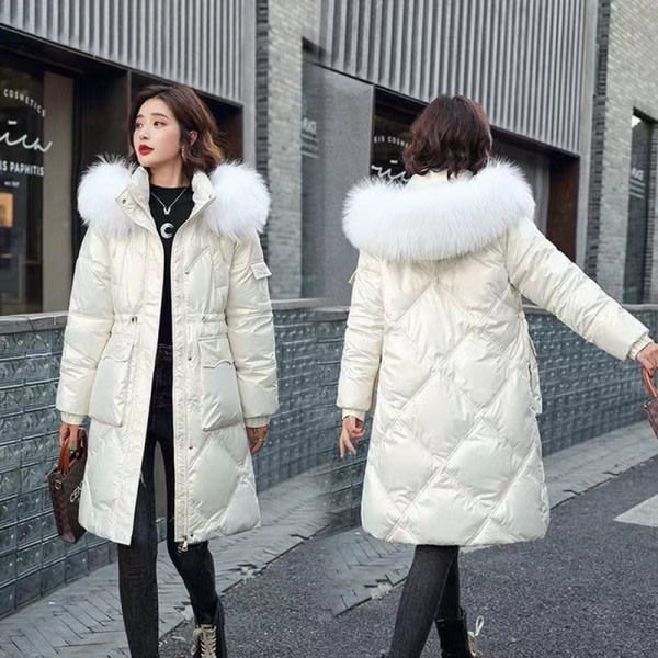 2023 Höstvinter Huva Pälskrage Lång Parkas Mujer Tjock Creamy white M