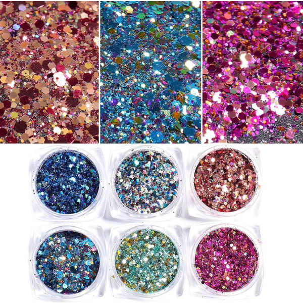 6st nagelglitter glitter, Nageldekorationer flerfärgad