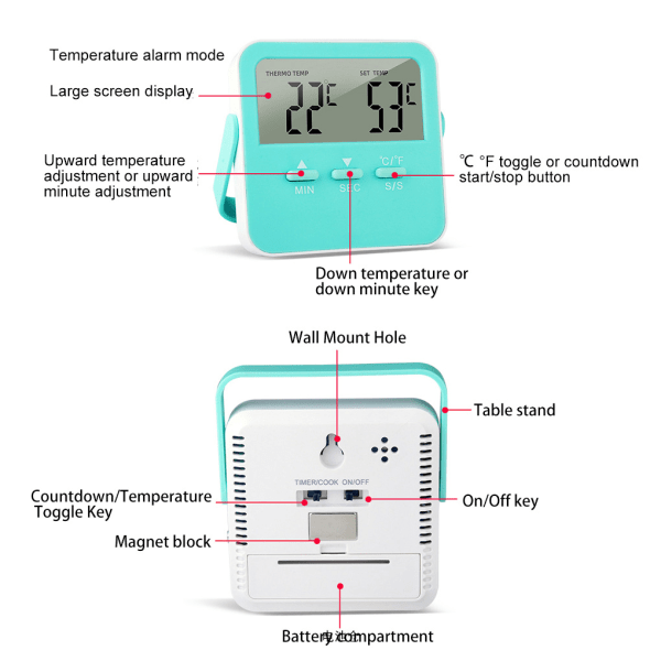 Grilltermometer Temperaturmätare Timing Funktion Kött Black