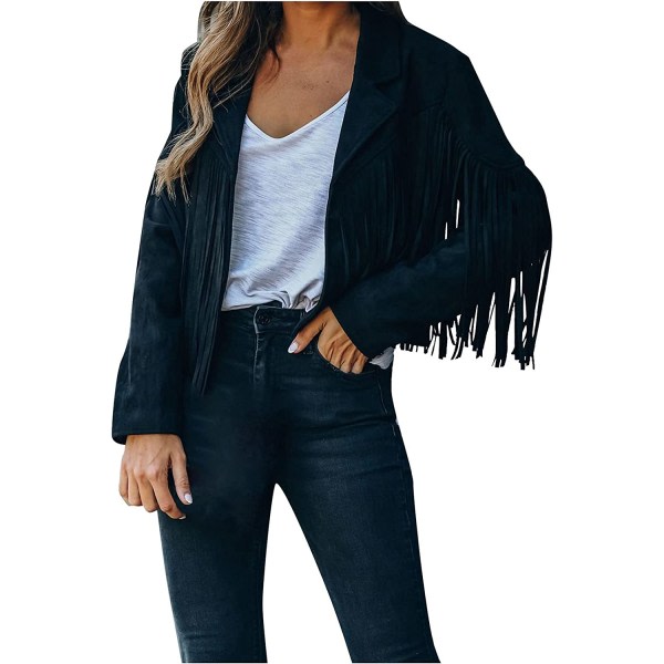 Fringe Jacka Dam Western Cowgirl Faux Mocka Tofsrockar Black