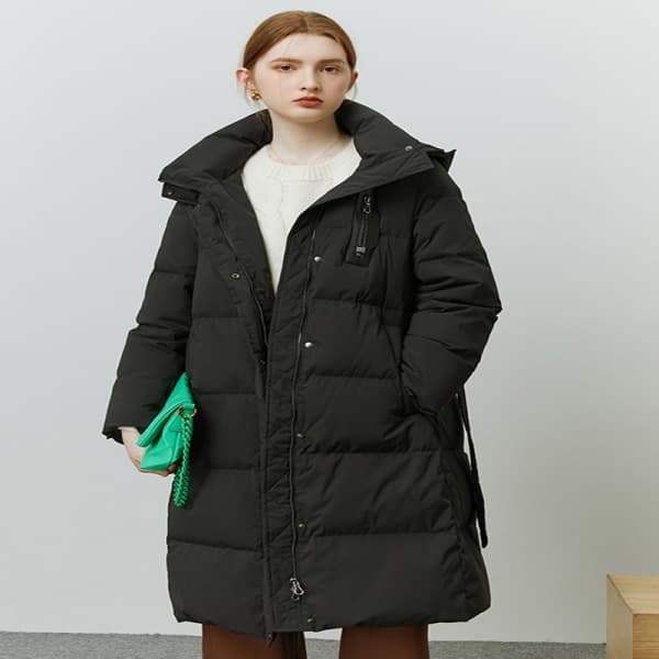 Kvinnor Hooded Långt midja bälte Design Down Coat Vinterjacka Black S