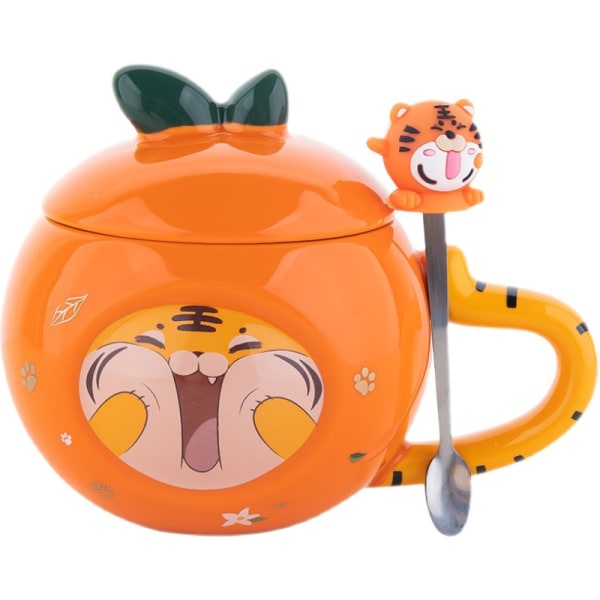 Tigermugg med lock Sked Keramisk kaffemugg Tekopp Nyhetspresent