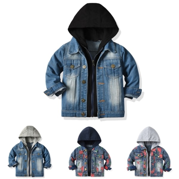 Pojkar Dinosaur Print Full Zip Outwear Långärmad jeansjacka Svart hatt 140cm