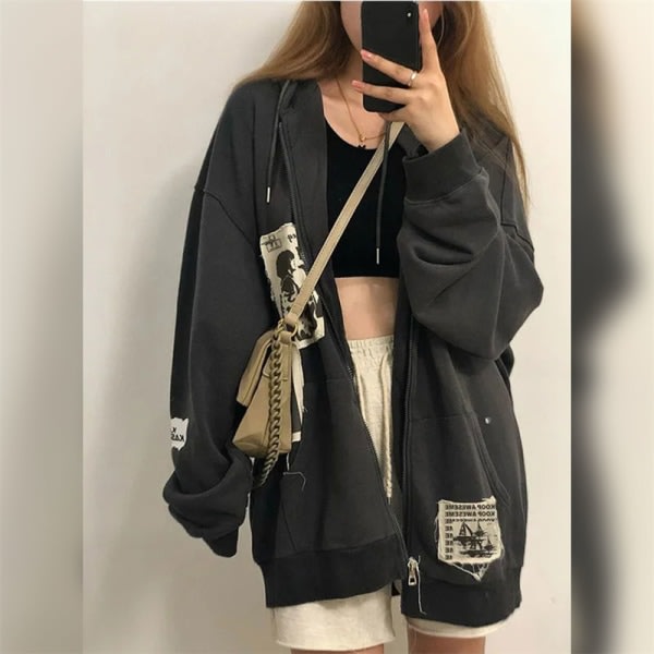 Zip up Hoodie Sweatshirt Oversized Hoodie Jacka Retro Coat Go black XL