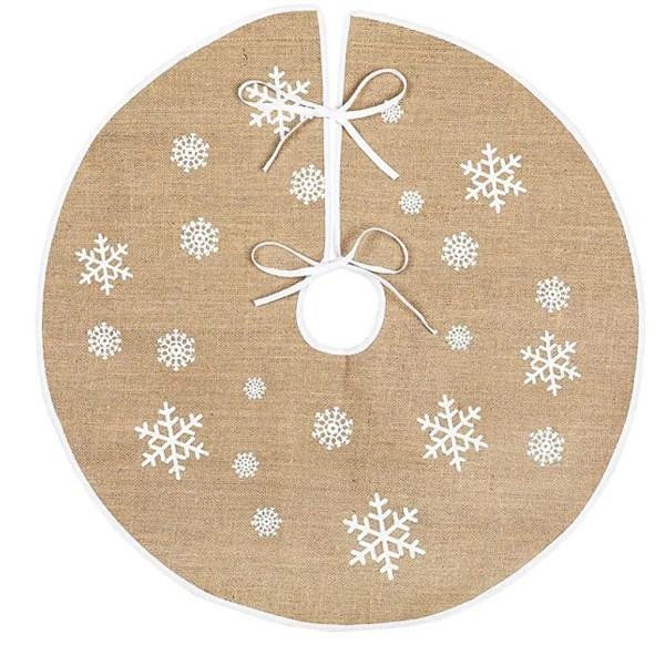 Julgranskjol i linne, julgranskjol för julgran retro, printed med vita snöflingor, för julgran, juldekoration