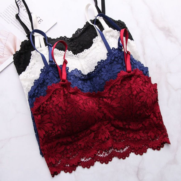 Push Up BH Vadderad linne Spets Blommig Bralette VIT