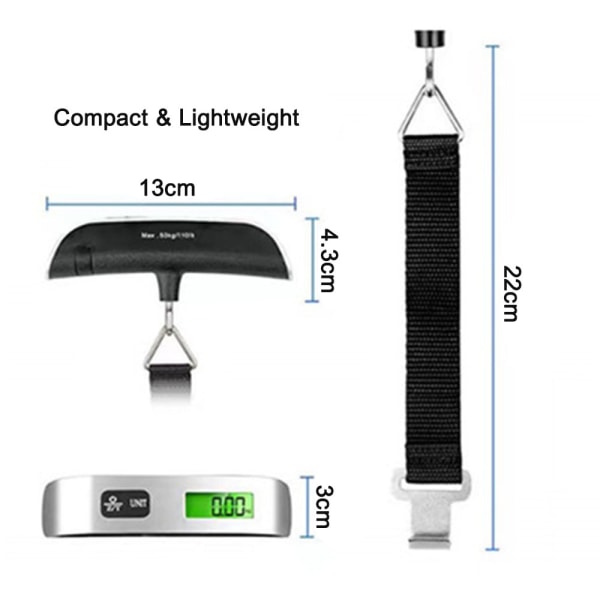 Bärbar digital hängande bagagevåg för resor, resväskavåg, 50 kg, batteri ingår - silver