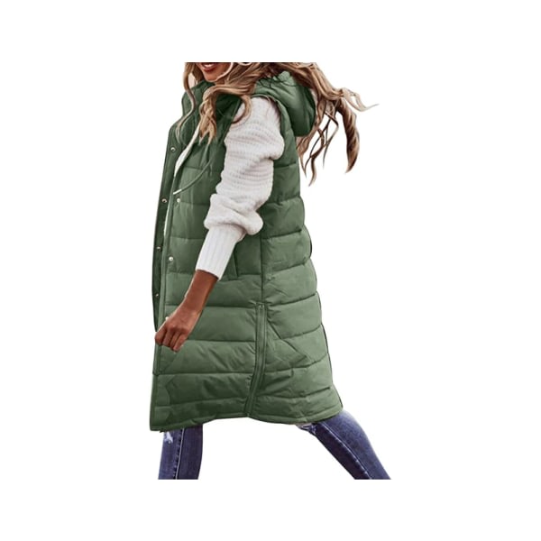 Kvinnors dunväst vinter lång varm jacka med huva vadderad kappa - grön storlek XL