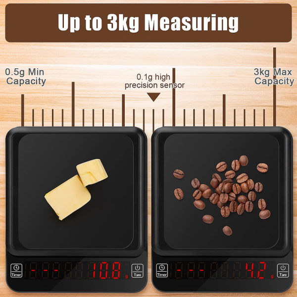 Kaffevåg med timer, 3 kg/0,001 g kaffe digitalvåg USB laddning elektrisk köksvåg