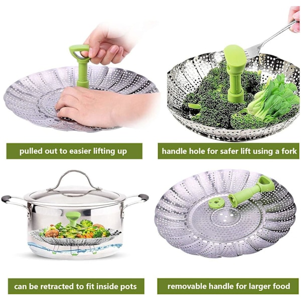 Rostfritt stål Vegetabiliskt Steamer Vikbar Steamer Inre, expanderbar för att passa olika grytstorlekar