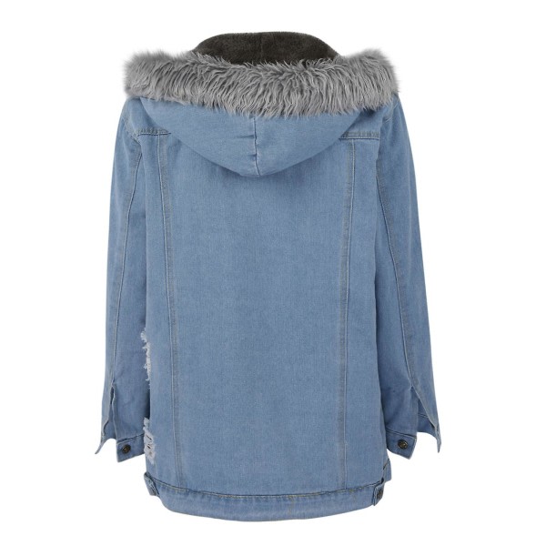 Vinter Tjock jeansjacka Dam Casual Långärmad Pälskrage Hooded Warm Coat Light Blue L