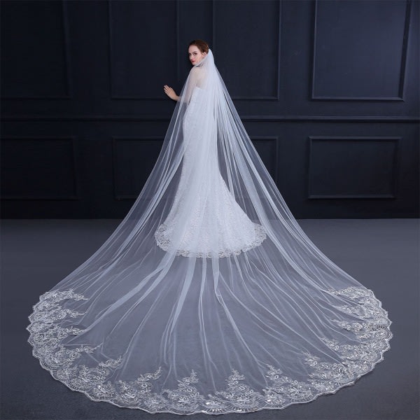 4M Single Layer Women Trailing Cathedral Lång Bröllopsslöja Broderad Blomma Spets