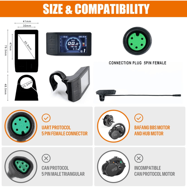 Display för Ebike: for 8Fun BBS02 BBSHD BBS01 Electric Mid Drive Kit, kompatibel med motor med UART