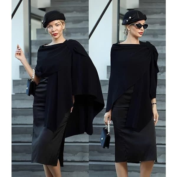 Cross Front Poncho Sweater Wrap Top Stickad Sjal Black