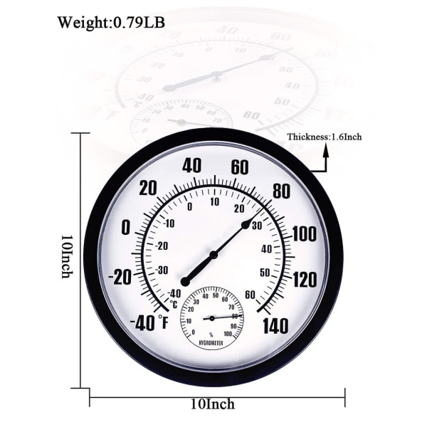 Termometer inomhus utomhus 10" uteplats stor vägg termometer och hygrometer, inget batteri krävs för att du ska kunna se temperatur och luftfuktighet