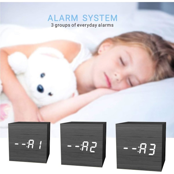 Digital trä LED-ljus Modern kub skrivbordsväckarklocka som visar tid Datum Temperatur, svart