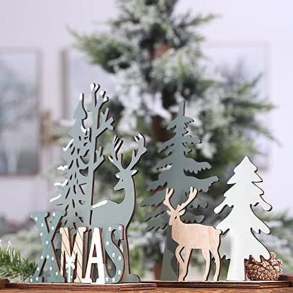 Juldekorationer trä älg och träd siluett