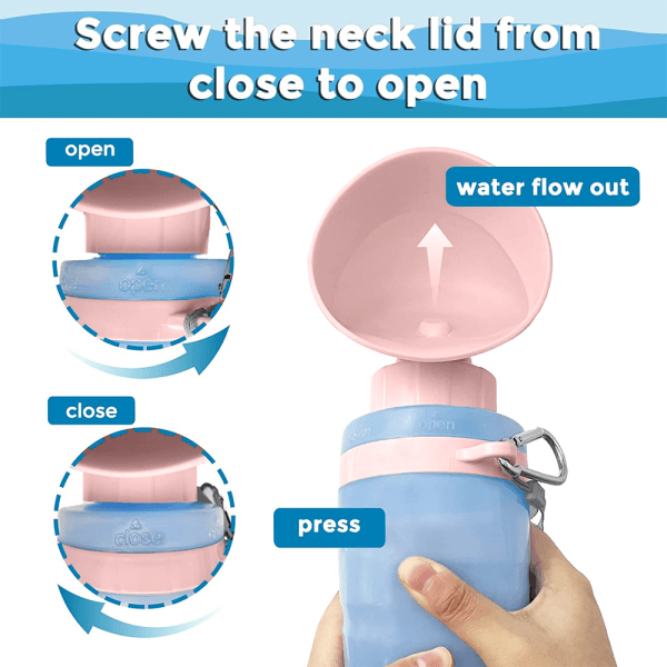 Bärbar hundvattendispenser med hopfällbar drickskoppsskål pink 750ML