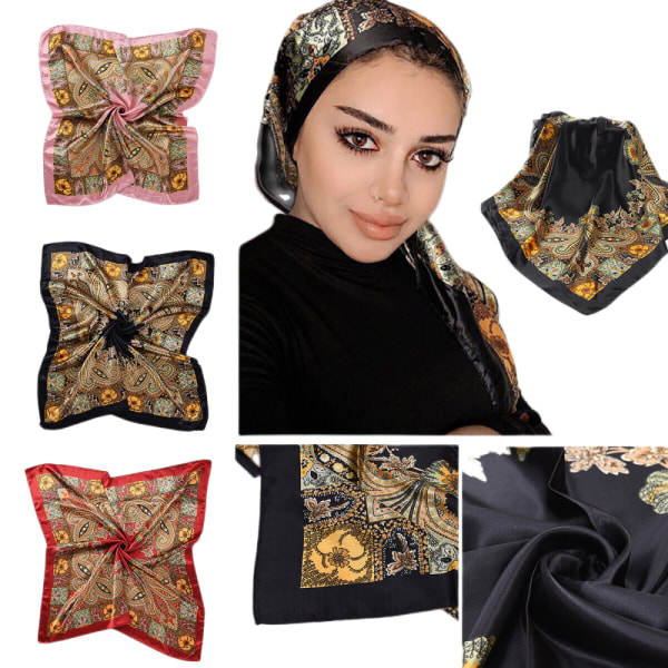 90 cm mode dam fyrkantig halsduk sjal satin siden huvud hals blommig omlott bandana svart