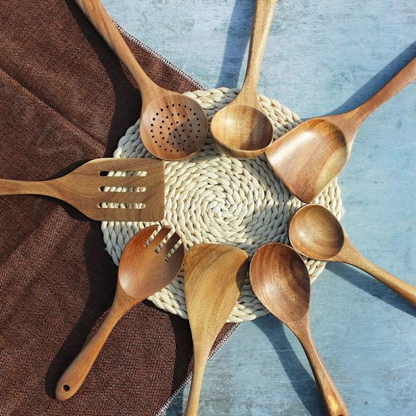 Nonstick Köksredskap Set, Träsked Matlagningsredskap Set (Teak Wood 8-Pack)