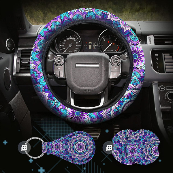 Mandala Purple Lotus Cover Set med 2-delade bilkupongdynor och kvartsnyckelring, 14-15,5 tum
