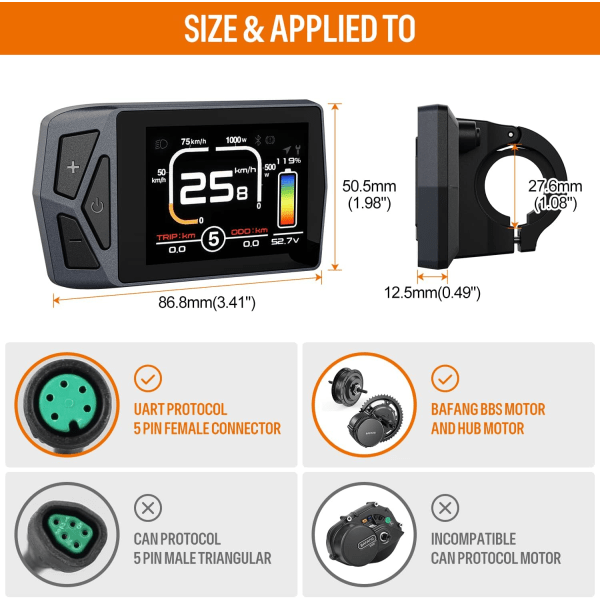 Display för Ebike: for 8Fun BBS02 BBSHD BBS01 Electric Mid Drive Kit, kompatibel med motor med UART