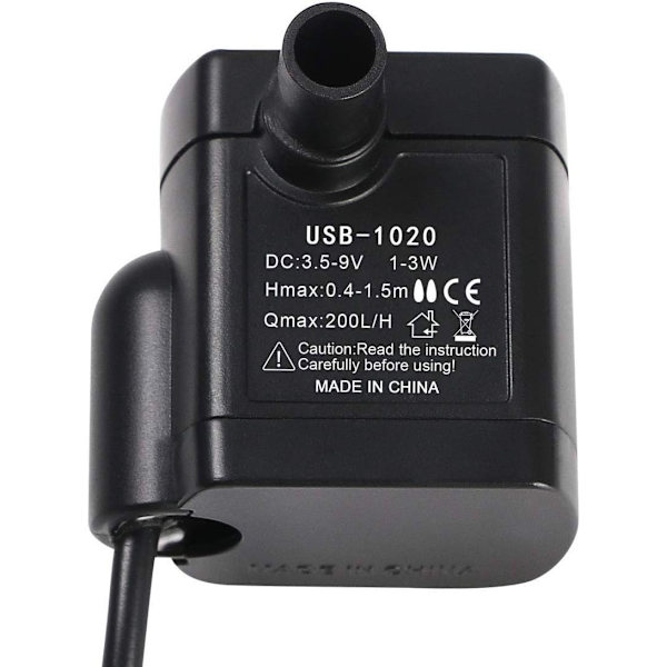 Dränkbar vattenpump, akvariepump Justerbar 200L/H 3W USB pump 1,4 m sladd