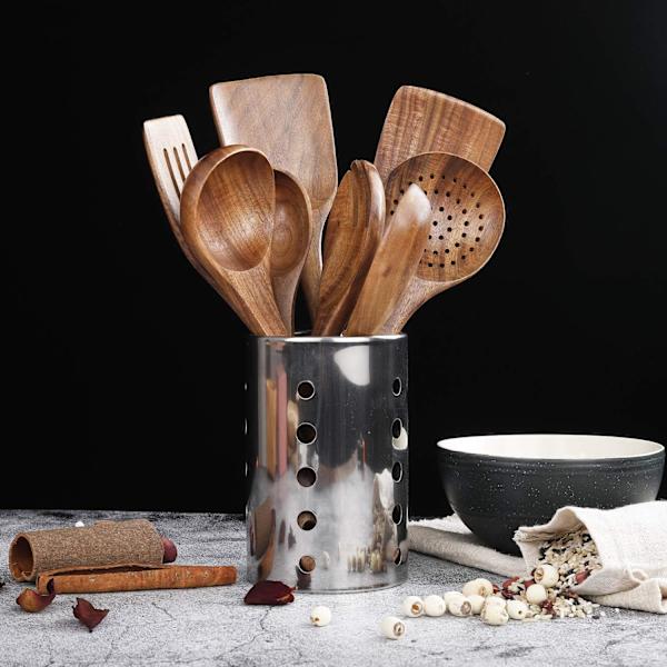 Nonstick Köksredskap Set, Träsked Matlagningsredskap Set (Teak Wood 8-Pack)