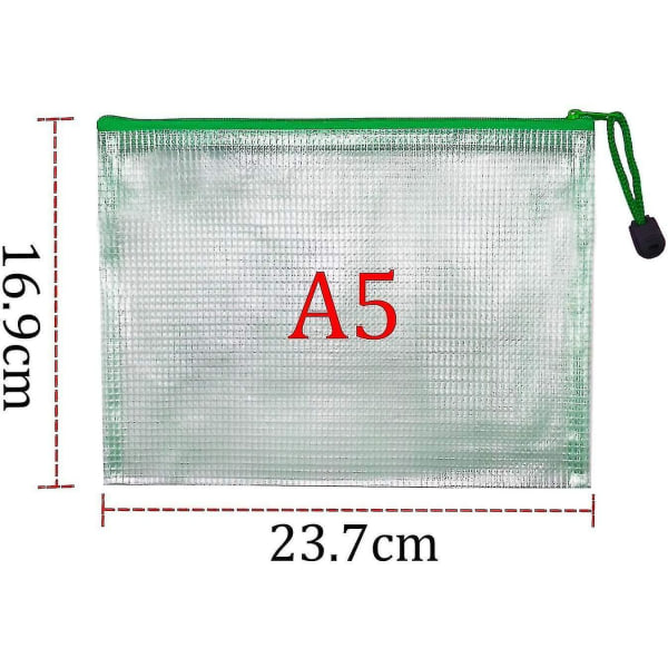 A5 zip- mesh Nätdokument Plastplånboksmappar Dragkedja Plastfickor (pack med 12)