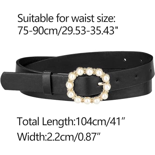 Svart dam pärlor midjeband Skinny läder justerbart stift spänne