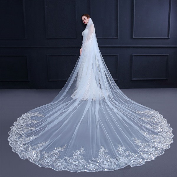 4M Single Layer Women Trailing Cathedral Lång Bröllopsslöja Broderad Blomma Spets