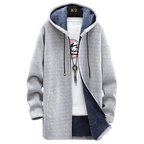 Män Huva Fleece Fodrad Vinterkappa Varm lång tröja Jacka Ytterkläder Light Grey 2XL