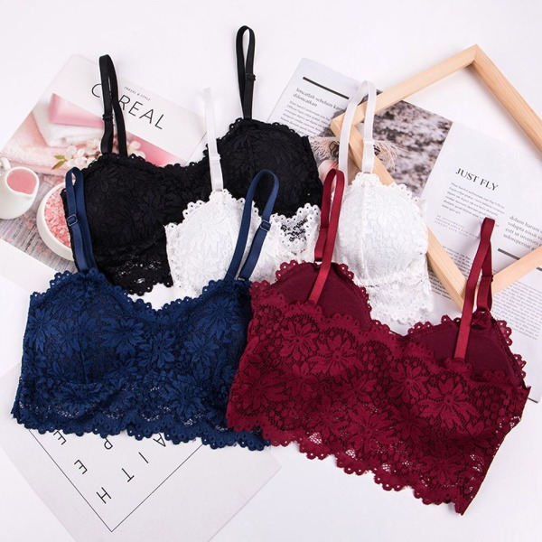 Push Up BH Vadderad linne Spets Blommig Bralette VIT