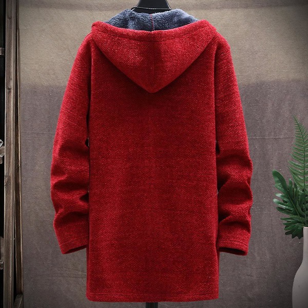 Män Huva Fleece Fodrad Vinterkappa Varm lång tröja Jacka Ytterkläder Wine Red 2XL
