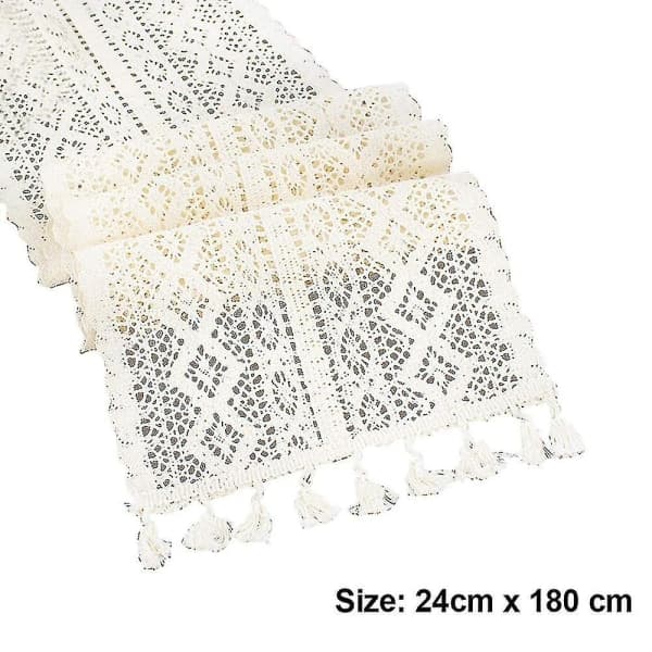 Bordslöpare i bomullsspets med tofs Vit Rustik Macrame Bordslöpare