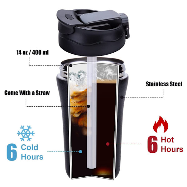 2 x 400 ml termos för kaffe och te, termoskoppar för kaffe och te, bilmuggar med lock och sugrör, återanvändbara