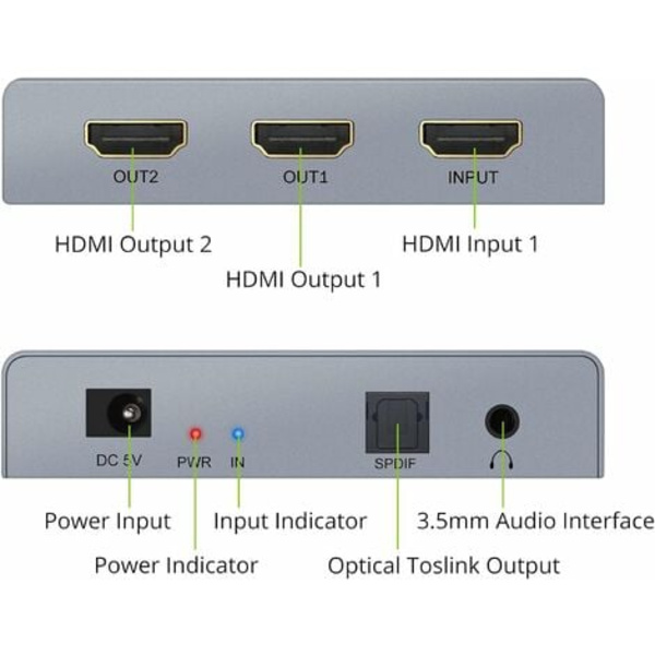 4K 3D HDMI Audio Extractor med HD 1x2 HDMI Splitter HDMI till Optisk SPDIF Toslink-adapter