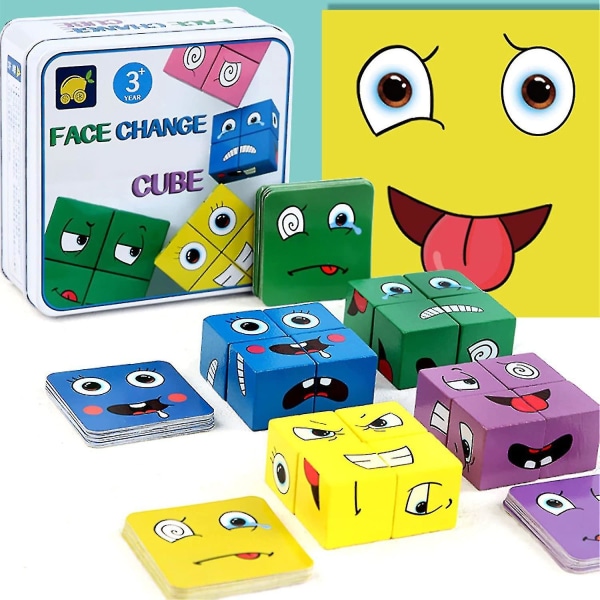 Kubspel Träleksaksuttryck Ansiktsbyte Matchande Blockpussel Byggspel Leksaker för barn