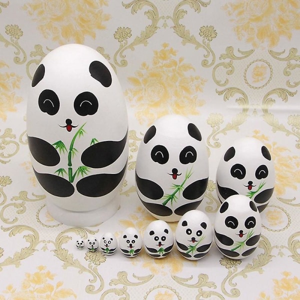Set 10 st Söt panda ägg form trä staplingsleksak Handgjorda häckande dockor Djur Matryoshka