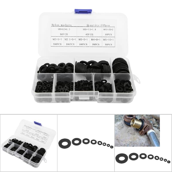 500 stk. nylon skive sæt M2 M2.5 M3 M4 M5 M6 M8 M10 Sort hardware fastgørelseselementer
