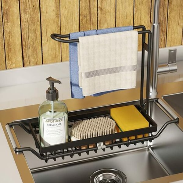 Expandable Kitchen Sink Organizer for Kitchen Sink with Stainless Steel Dishcloth Hanging Rail (Large, Black)