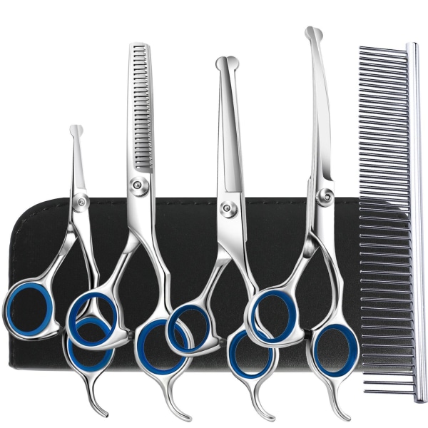 4CR Dog Grooming Scissors Set with Safety Round Tips, 5 in 1 Titanium Coated Straight, Thin and Curved