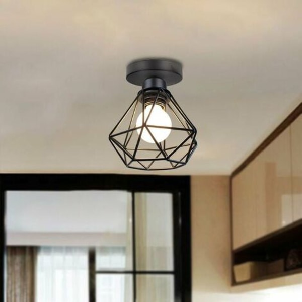 Industrial Metal Diamond Shape Iron Ceiling Light, Retro Cube Cage Pendant Light Fixture E27 for Living Room Bedroom Caf