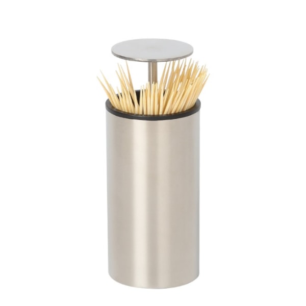 Silver 304 Stainless Steel Press Tandpetare Canister Rund Tandpetare Canister Ny Creative Toothpick Canister