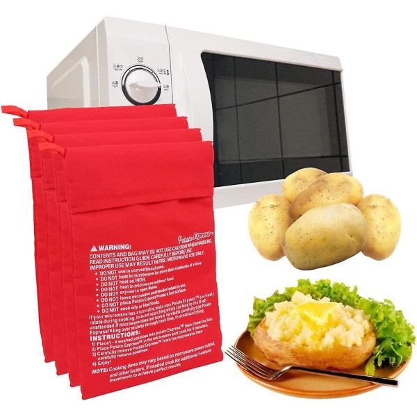 4 delar potatispåse Mikrovågspotatispåse Potatispåse Tvättbar Återanvändbar för mikrovågsugn Röd
