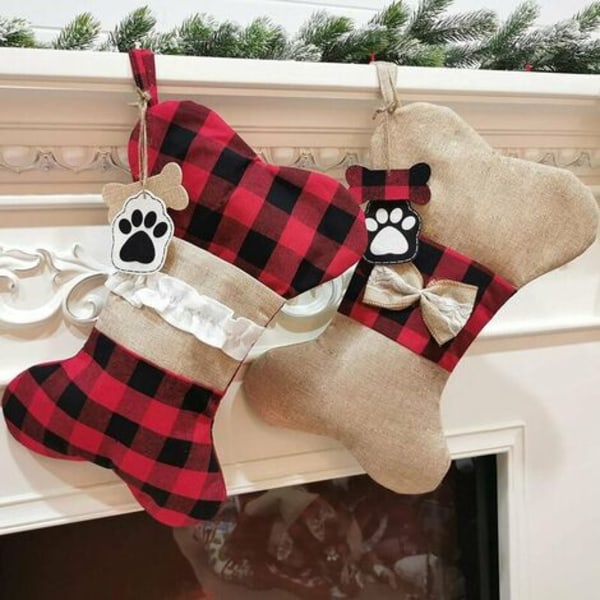 Pet Dog Christmas Stocking 2 Packs Burlap Plaid Holiday Hanging Bone Socks Fireplace Tree Xmas Decoration