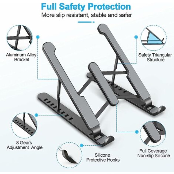 Laptop-stander, 8-trins justerbar laptop-stander, skridsikker plastik- og silikone- og aluminiumslegering Laptop-stander, kompatibel med